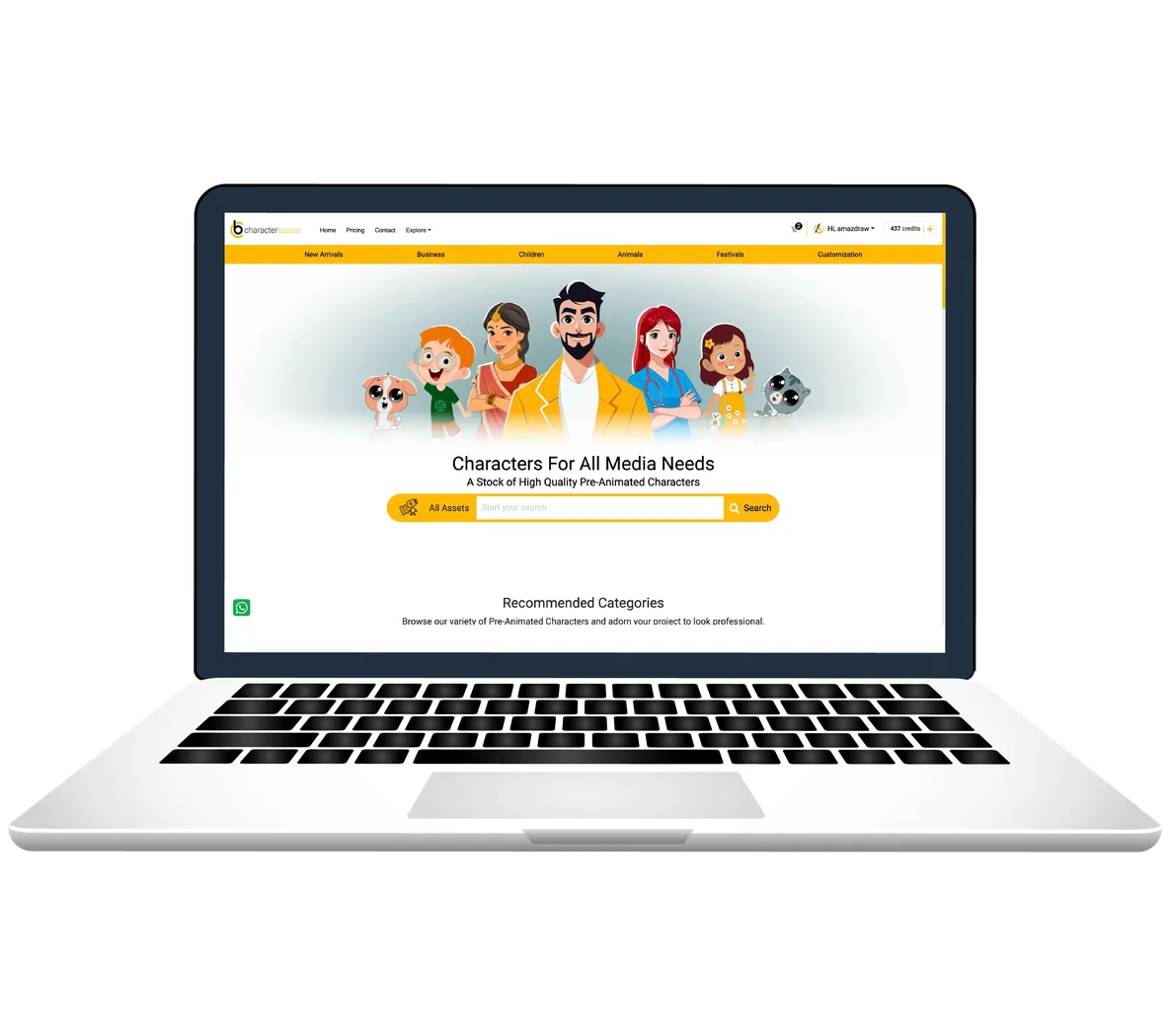 CharacterBazaar digital asset commerce platform shown on a laptop